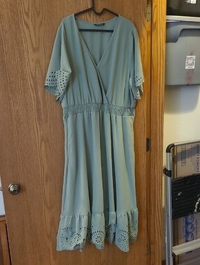 BloomChic Sage Green Wrap-Style Midi Dress with Eyelet Trim
